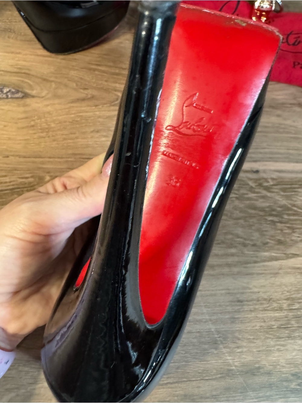 Christian Louboutin Black Patent Peep-Toe Red Bottom Platform Pumps, Size 36 - Picture 10 of 16